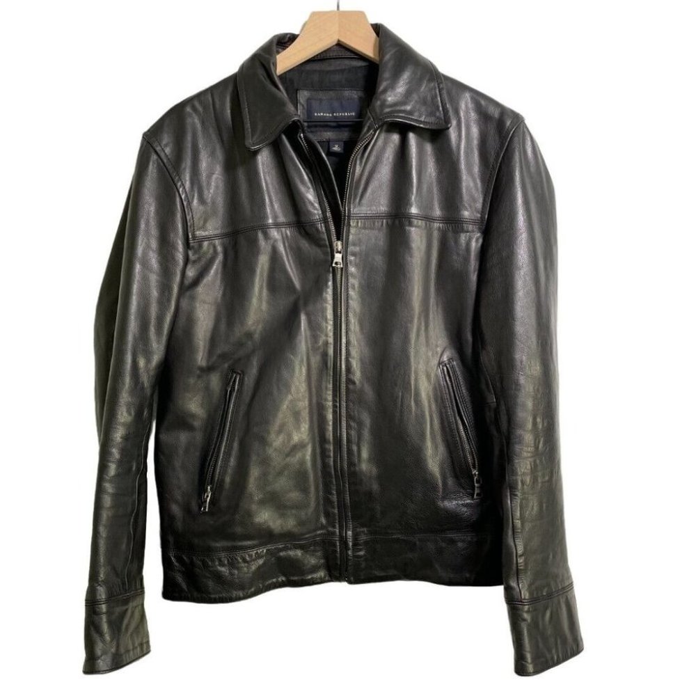 Banana Republic Leather Moto Jacket Full Zip Collared Men's Medium M Black GUC